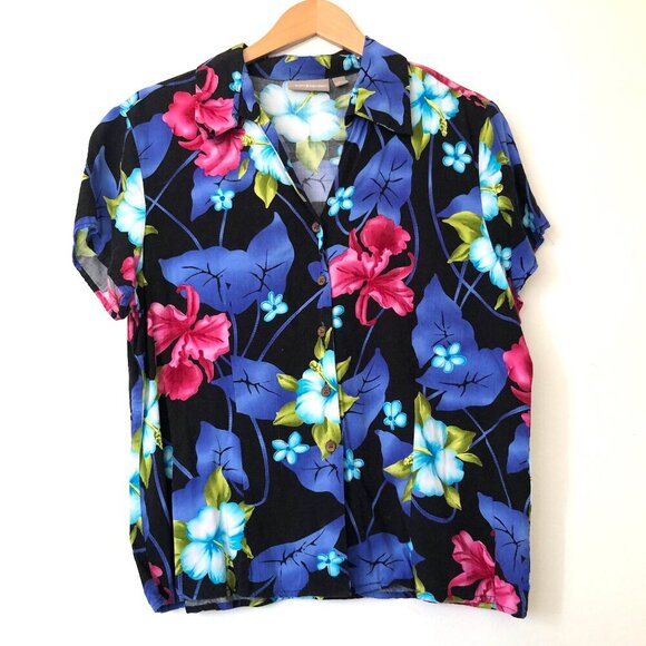 CROFT BARROW Black Blue Pink Tropical Floral Button Down Hawaiian Shirt Large L - Picture 1 of 10